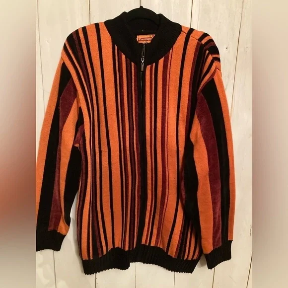 Vintage Royal Prestige Mens XL Full Zip Sweater Festival Orange &‎ Black Stripe - Picture 3 of 7